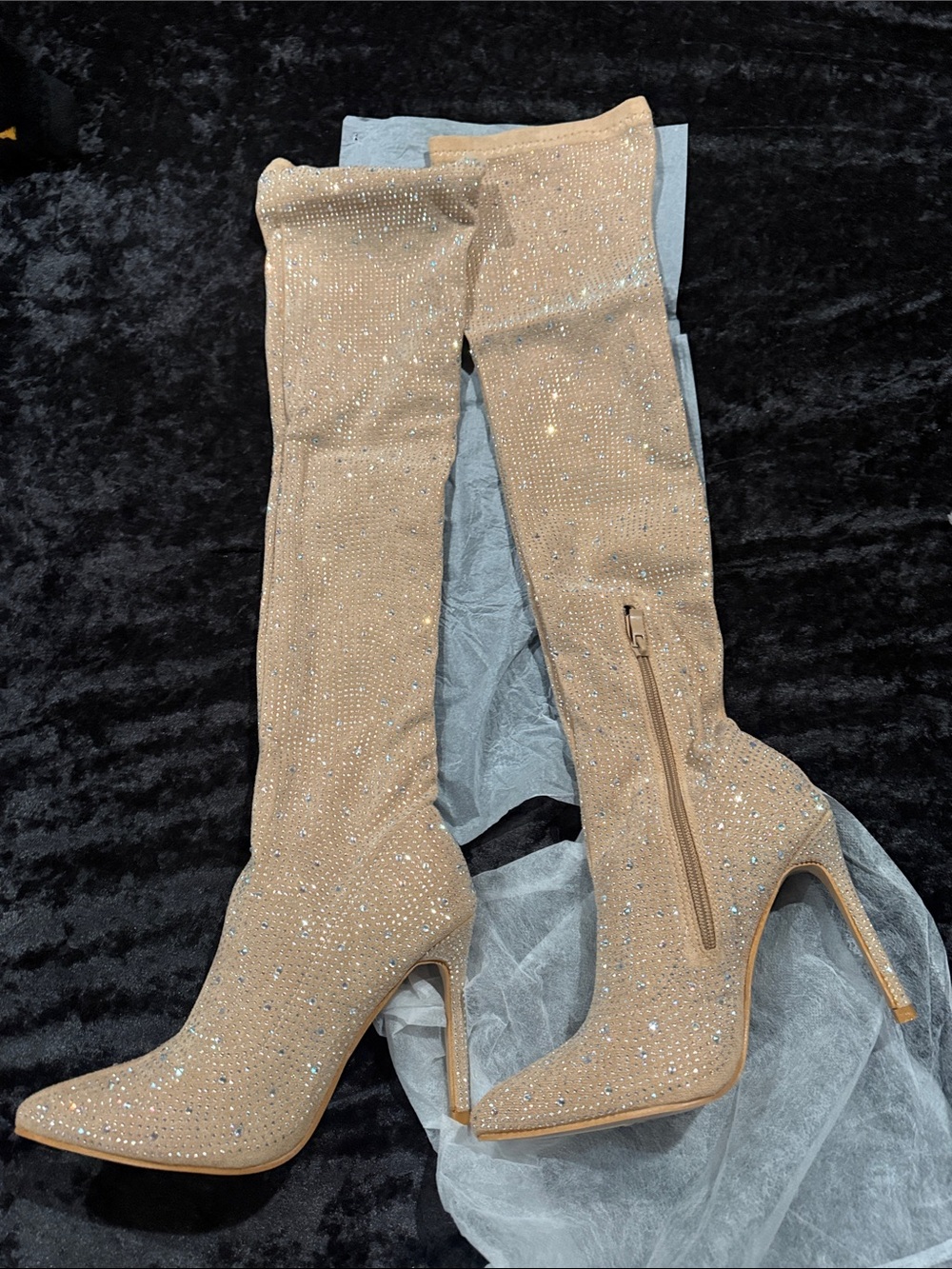 Rhinestone Embellished Over-the-Knee Heeled Boots - Nude